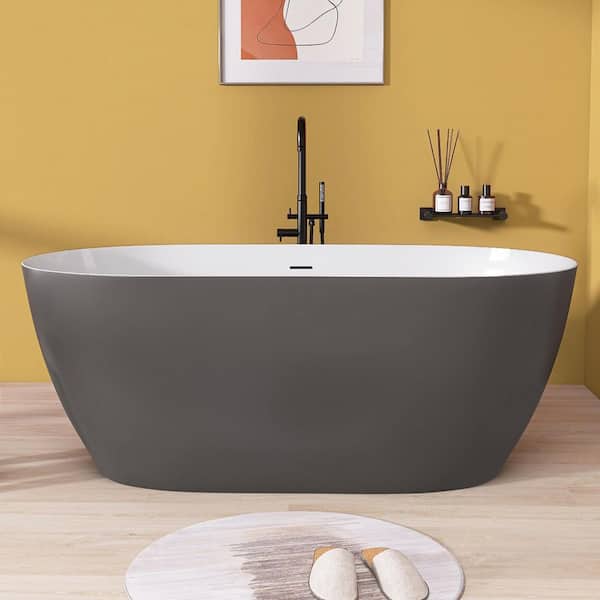 Zeafive Yaz 59 in. x 29.5 in. Freestanding Soaking Bathtub Matte Gray Contemporary Stand Alone Acrylic Bathroom Tub Center Drain