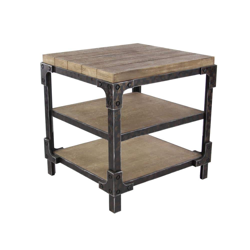 Industrial Brown Fir Wood and Metal 3-Tier Accent Table