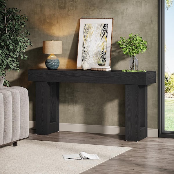BYBLIGHT Turrella 63 in. W Black Rectangle Wood Sofa Table, Farmhouse Console Table with Double Pedestal for Living Room