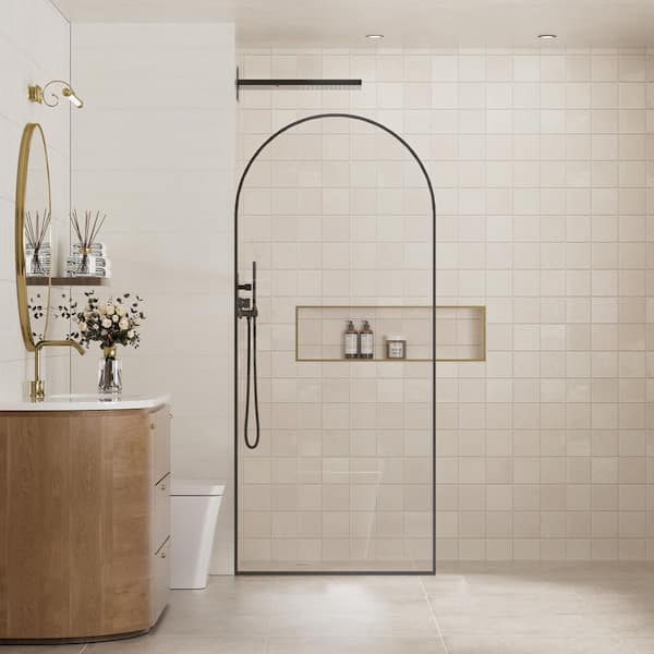 34in W x 78in H Framed Fixed Curved Design Shower Screen Door in Matte Black with 3/8 in. Clear Tempered Glass
