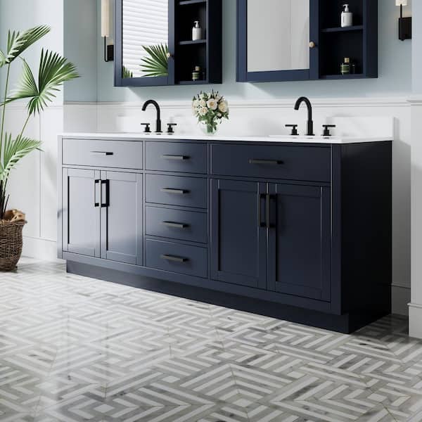 WELLFOR NORA 80 in. Freestanding Navy Blue Solid Wood Bath Vanity