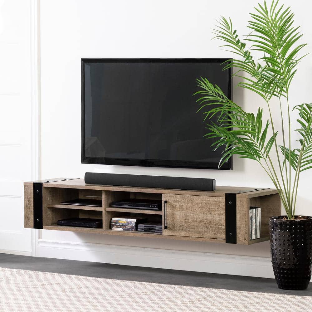 Weathered Oak Wall Mounted TV Stand with Cabinet