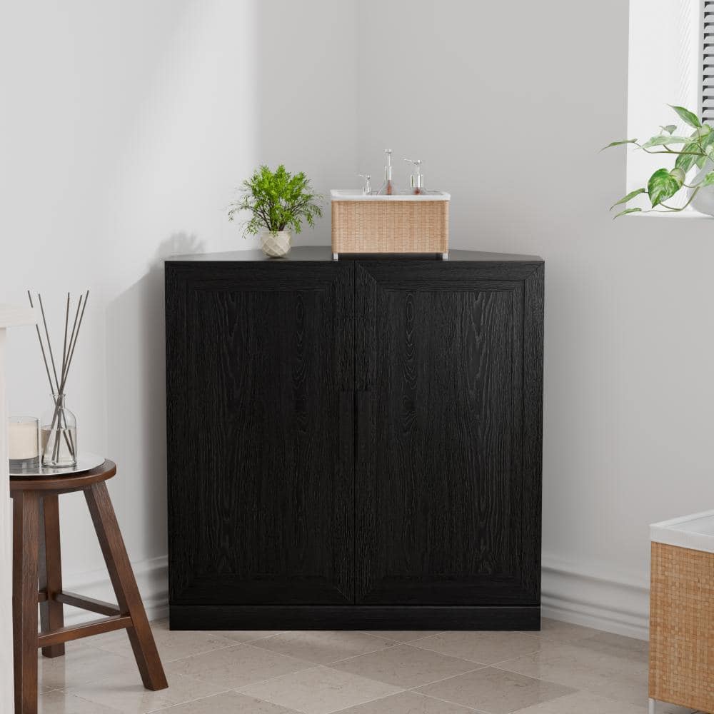 Black storage cabinet with double doors in a bright room.
