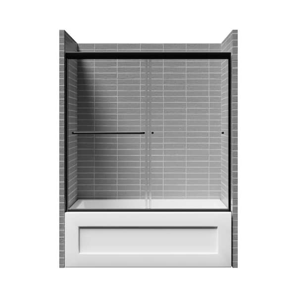 VANITYFUS 56 to 60 in. W. x 58 in. H Double Sliding Framed Shower Door in Matte Black with 1/4 in. (6 mm) Clear Glass