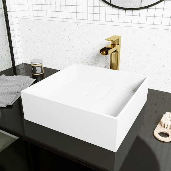 VIGO Matte Stone Bryant Composite Square Vessel Bathroom Sink in White with Amada Faucet and Drain in Matte Gold
