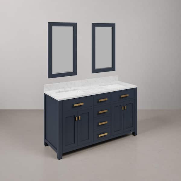 Madison 60 in.W x 21.5 in.D x 34 in.H Double Sink Bath Vanity in Monarch Blue with Carrara White Marble Top and Mirrors