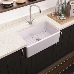 Homestead 33 in. Single Bowl Fireclay Farmhouse Apron Kitchen Sink in White with Basin Rack