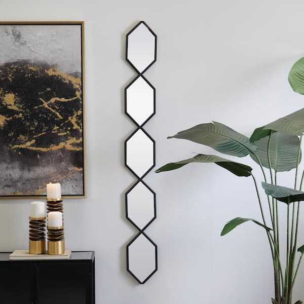 Litton Lane 59 in. x 7 in. Slim Stacked Chain 5 Layer Geometric Framed Black Wall Mirror with Trellis Pattern