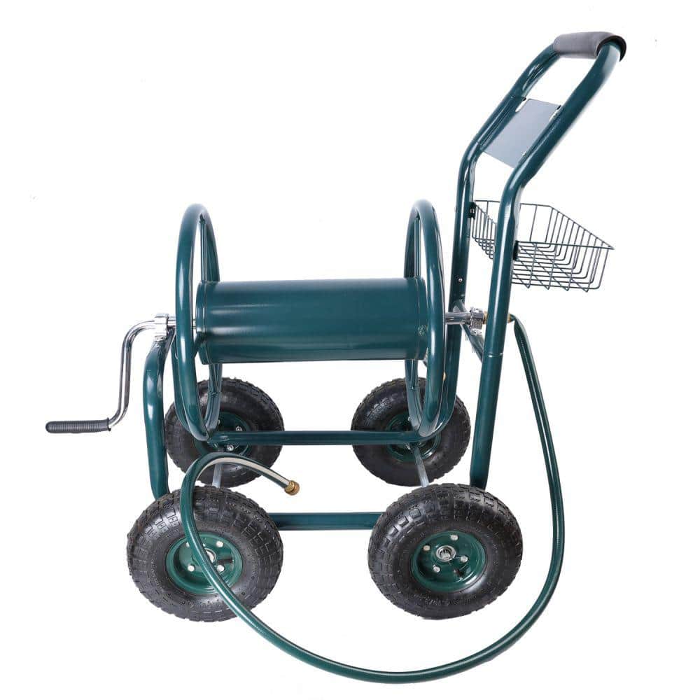Green Heavy-Duty Steel Garden Hose Reel Cart with Storage Basket