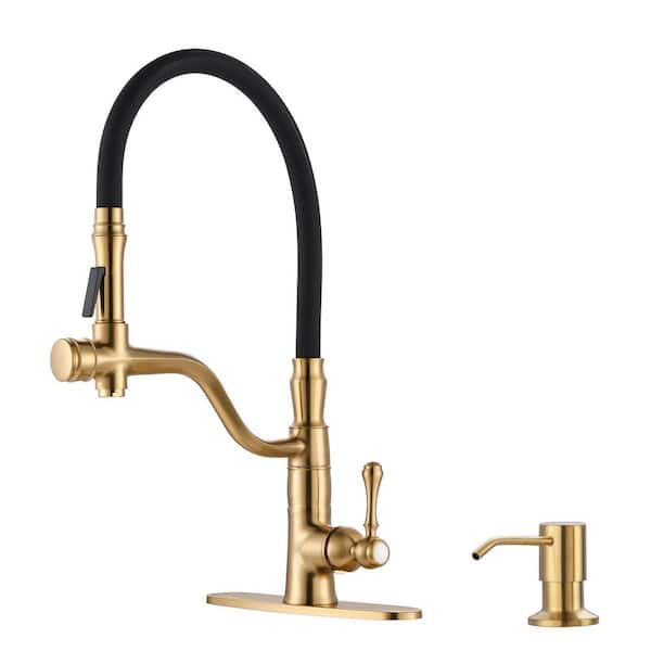 20.4 in. H Single Handle Brass Pull Down Sprayer Kitchen Faucet with 360° Swivel Spout and Soap Dispenser in Gold