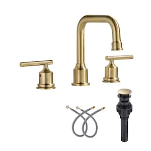 8 in. Widespread Double Handle High Arc Bathroom Faucet with Pop-up Drain and Supply Lines in Gold (1-Pack)