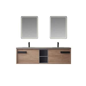 Carcastillo 72 in.W x 22 in.D x 21 in.H Double Sink Bath Vanity in N.American Oak with Grey Natural Stone Top and Mirror