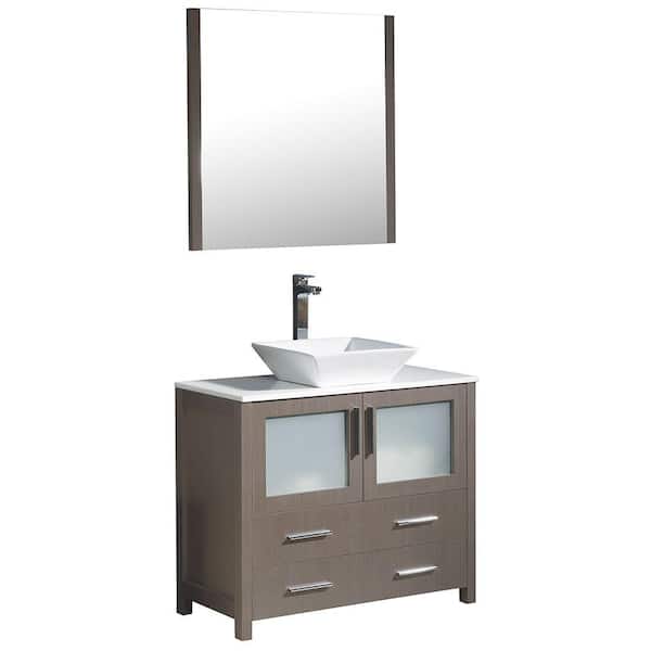 Fresca Torino 36 in. W x 18 in. D x 36 in. H White Single Sink Bath Vanity in Gray Oak with White Vanity Top and Mirror