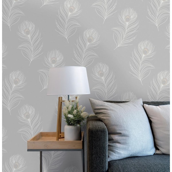 Walls Republic Grey Sequined Falling Peacock Feathers Print Non Woven Non-Pasted Textured Wallpaper 57 Sq. Ft.