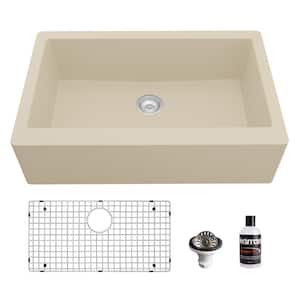 QA-740 Quartz/Granite 34 in. Single Bowl Farmhouse/Apron Front Kitchen Sink in Bisque with Bottom Grid and Strainer