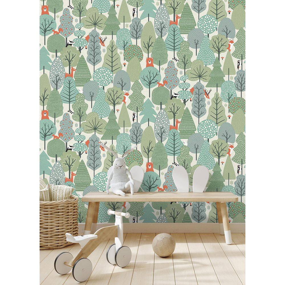 Green Forest Non-Woven Wallpaper with Floral and Butterfly Design