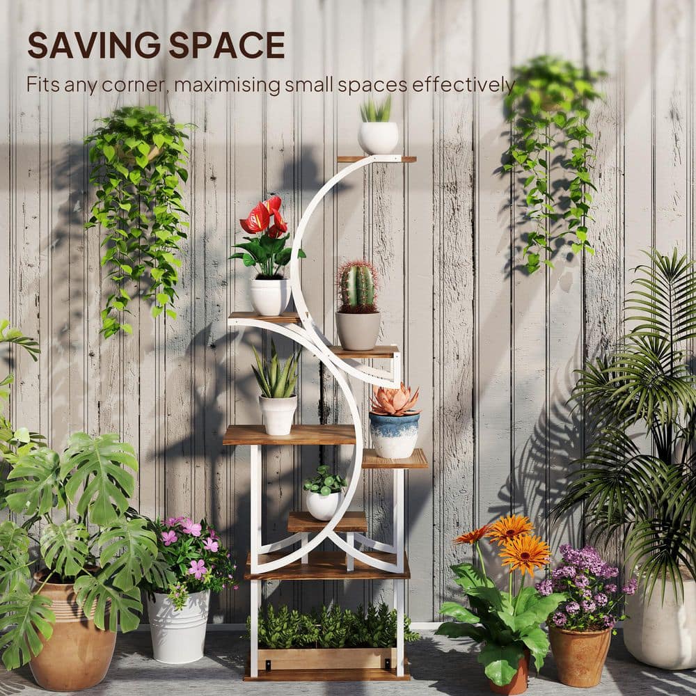Carbonized Finish White Steel and Fir Wood 8-Tier S-Shaped Plant Stand