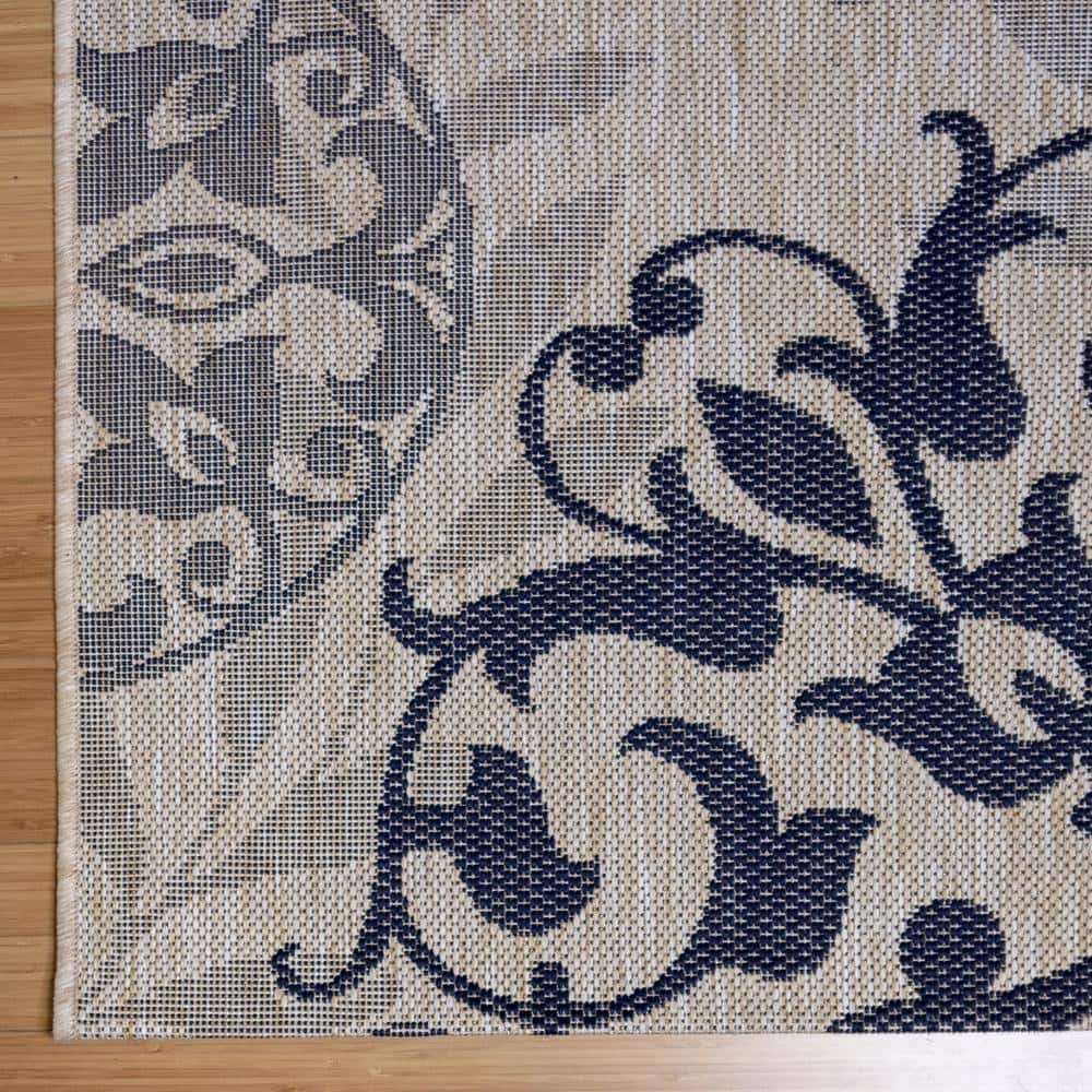 Grain and Navy Synthetic Medallion Outdoor Rug, 8'6" x 13'1"