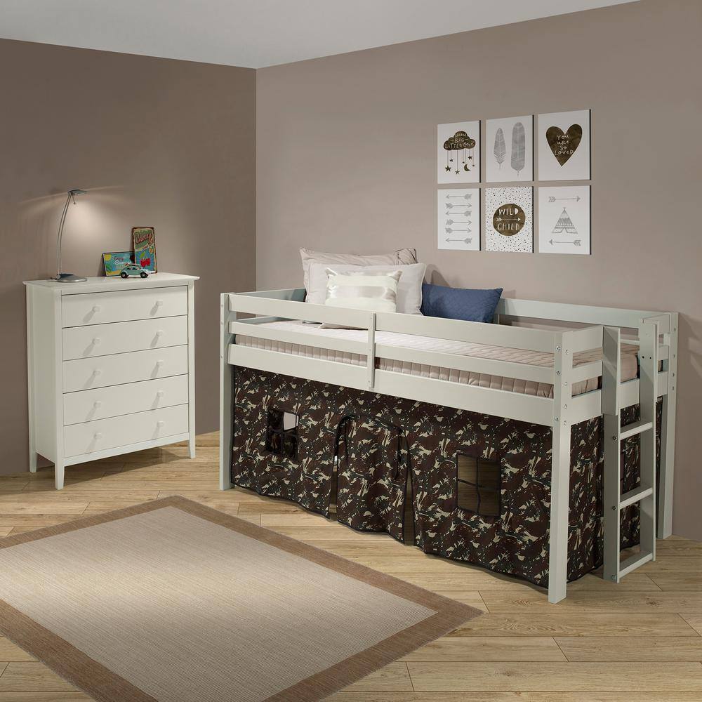 Dove Gray Twin Loft Bed with Green Camouflage Tent