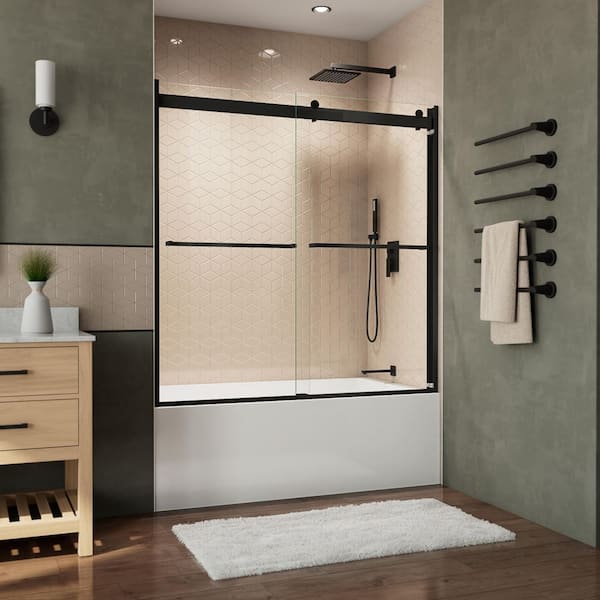 DreamLine Essence-H 60 in. W x 60 in. H Sliding Semi Frameless Tub Door in Matte Black with Clear Glass