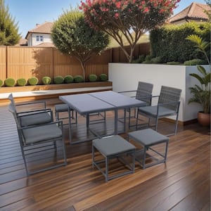 Gray 9-Piece Patio Wicker Outdoor Dining Set with Dark Gray Cushion and Glass Table