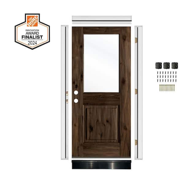 DIY RTA Kit 32in.x80in. Modern Right-Hand/Inswing Half Clear Glass Black Stain Knotty Wood Ready To Assemble Front Door
