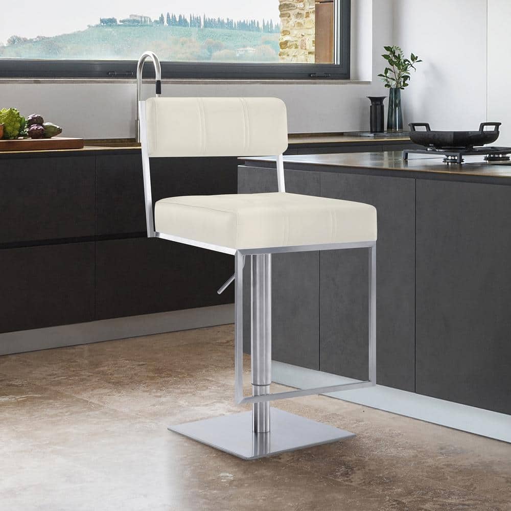 Michele Contemporary Swivel Bar Stool in Brushed Stainless Steel and Off-Wh