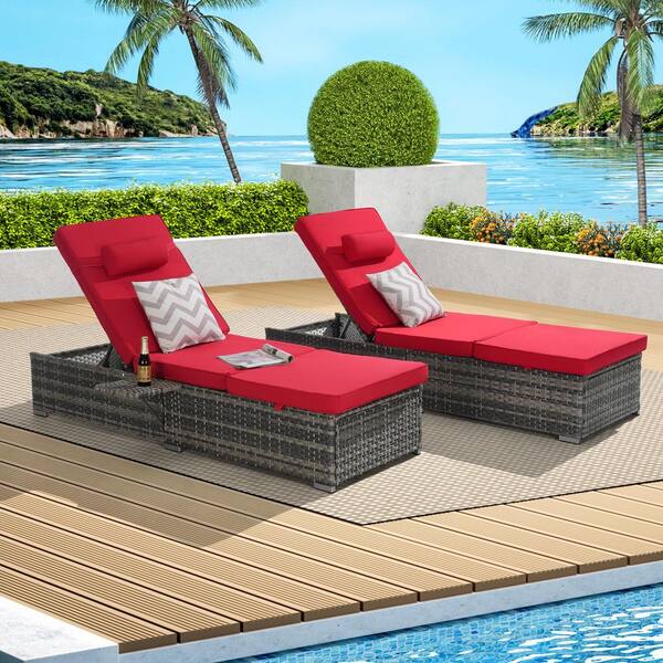 Sudzendf Set of 2 Gray Wicker Outdoor Lounge Chair with Red Cushions, Adjustable Backrest, Side Tables