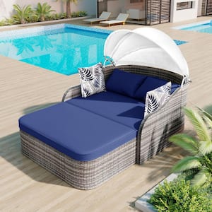 Double Sofa Wicker Outdoor Sunbed, Sectional Sofa Bed with Adjustable Canopy Pillows, PE Rattan Sofa Bed, Blue Cushions