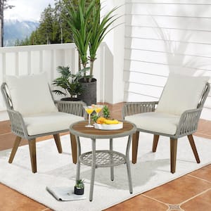 Farmhouse 3-Piece Gray Wicker Outdoor Bistro Set with Beige Cushions and Wood Tabletop
