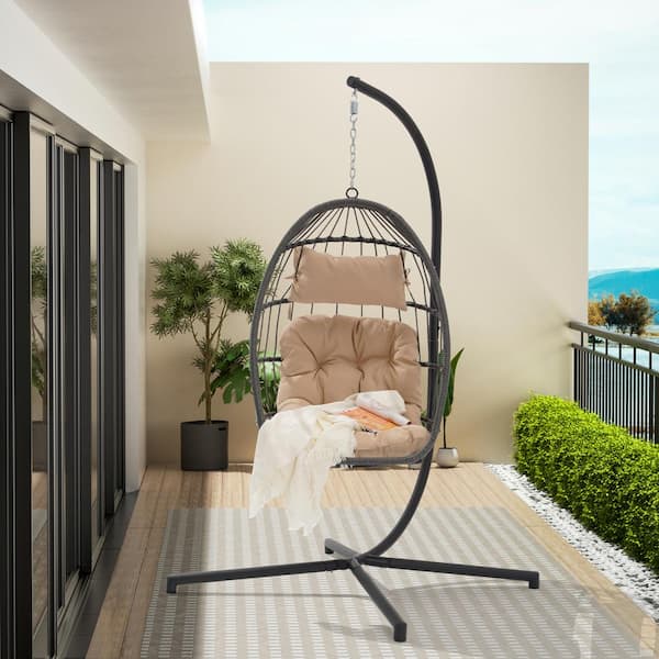 Cesicia 1-Person Gray Metal Porch Swing Egg Chair with Stand and Khaki Cushion