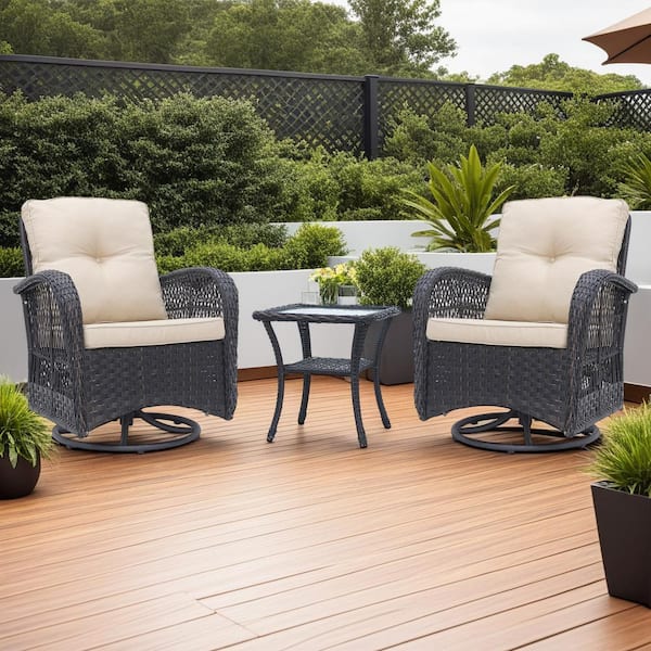 Dark Brown 3-Piece Wicker Swivel Patio Conversation Set with Beige Cushions