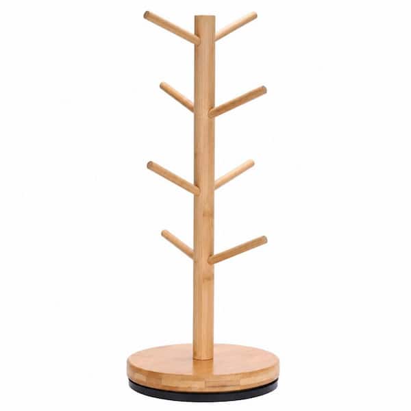 360-Degree Rotating Bamboo Mug Holder Tree with 8 Hooks for Countertop Coffee Bar Storage