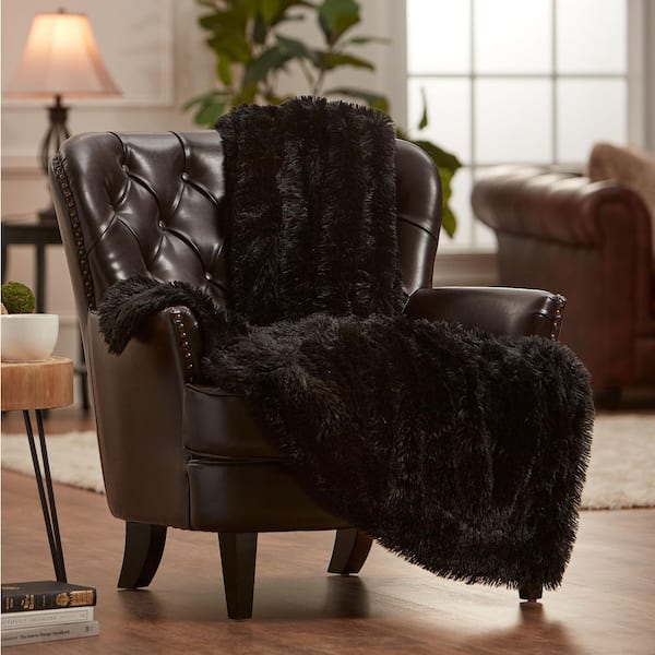 CHANASYA Solid Black Shaggy Faux Long Fur Polyester Throw Blanket-92 in. x 85 in., Queen Size
