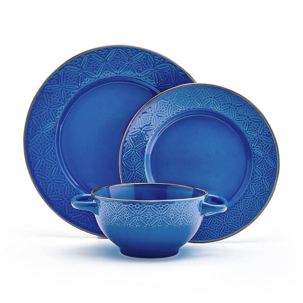 Blue Ceramic Embossed Trellis 12-Piece Dinnerware Set
