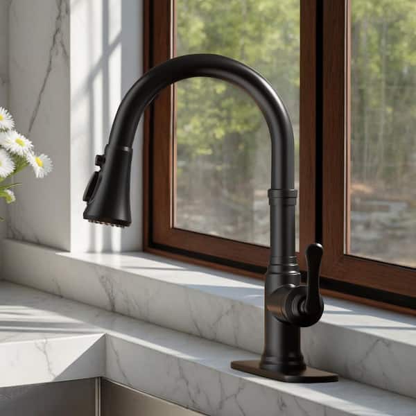 androme Single Handle Pull Down Sprayer Kitchen Faucet with Deckplate Gooseneck Swivel Spout in Black
