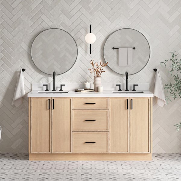 ARIEL Kelly 67 in. W x 22 in. D x 36 in. H Double Bath Vanity in Oak with Pure White Quartz Top