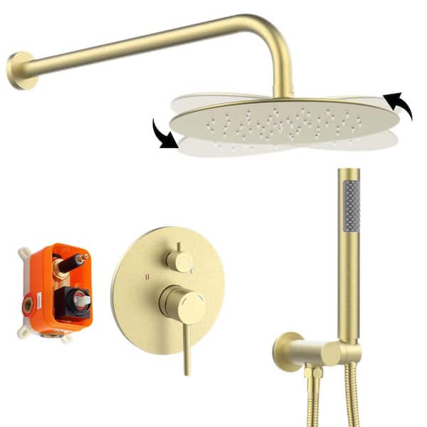 1-Spray 10 in. Wall Mount Fixed and Handheld Dual Shower Head 2.5 GPM in Brushed Gold