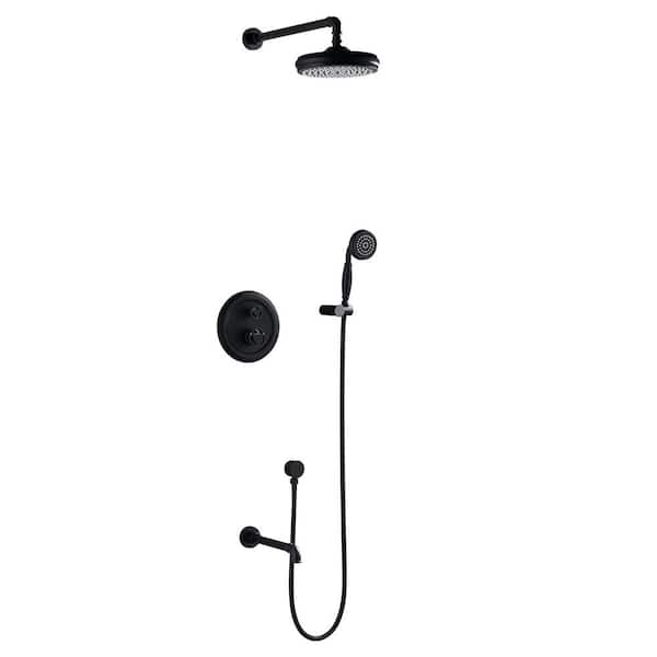 Tomfaucet Double Handles 3-Spray Patterns Shower Faucet 1.8 GPM with High Pressure Tub Faucet in Matte Black Round