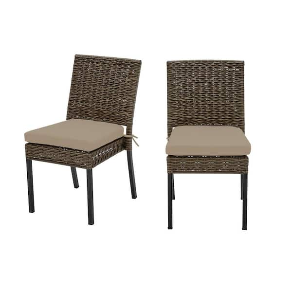 Hampton Bay Laguna Point Brown Wicker Outdoor Patio Dining Chair with CushionGuard Putty Tan Cushions (2-Pack)