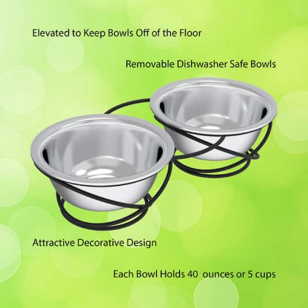 Stainless Steel Raised Food and Water Bowls with Decorative 3.5? Tall Stand for Dogs and Cats-2 Bowls 40oz Each-Elevated Feeding Station by Petmaker