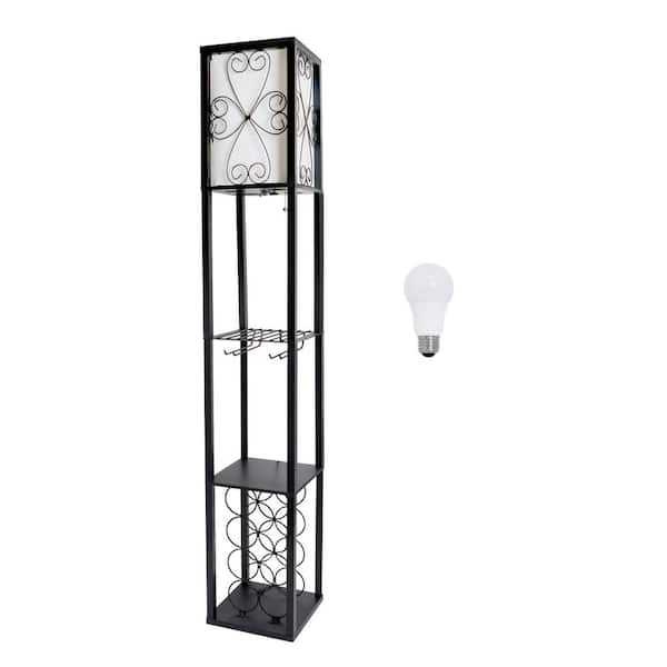 Creekwood home Eleganzia 62.5 in. Black Vino Wine Rack and Storage Column Floor Lamp for Dining Room with Stemware Holder and LED Bulb