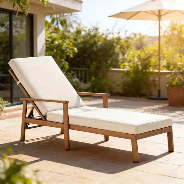 Light Brown Wood Aluminum 1-Piece Outdoor Patio Chaise Lounge Chair with Cream Cushions