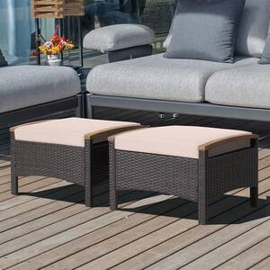 Wicker Outdoor Ottoman with Footrest Beige Cushions Wooden Handle (2-Pack)