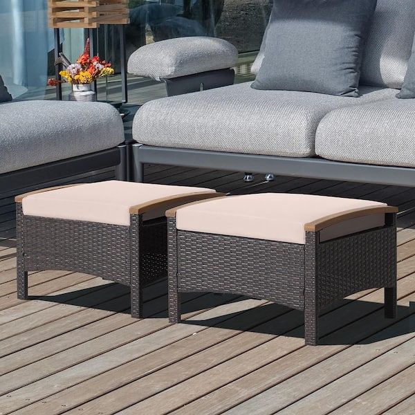 Wicker Outdoor Ottoman with Footrest Beige Cushions Wooden Handle (2-Pack)