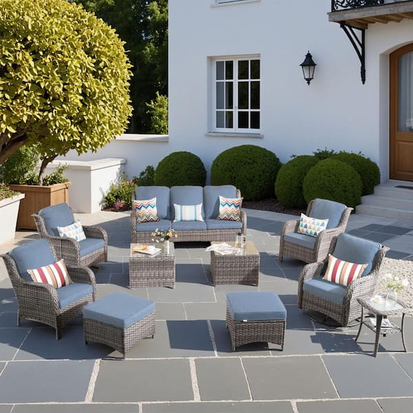 OVIOS Joyoung Gray 10-Piece Wicker Outdoor Patio Conversation Seating Set with Denim Blue Cushions and Swivel Rocking Chairs