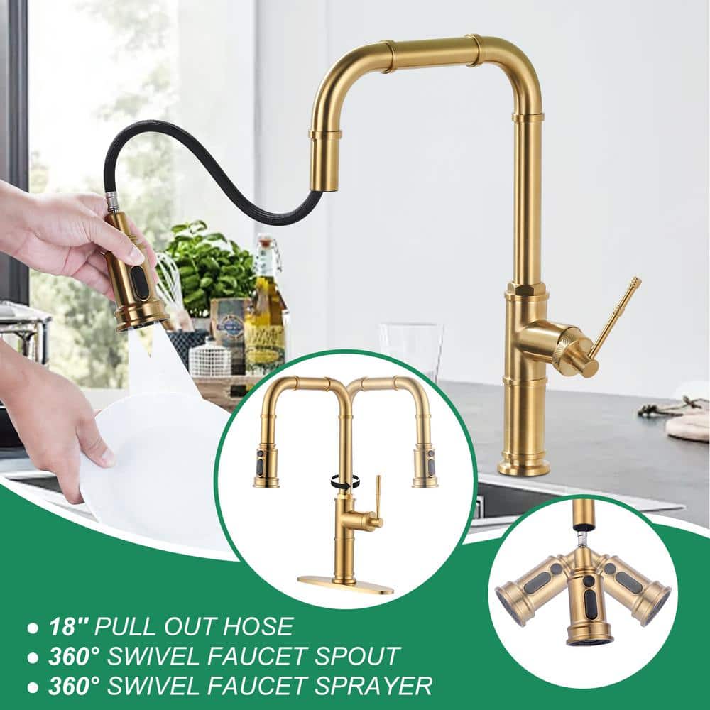 Brushed Gold Brass Single Handle Pull-Down Kitchen Faucet