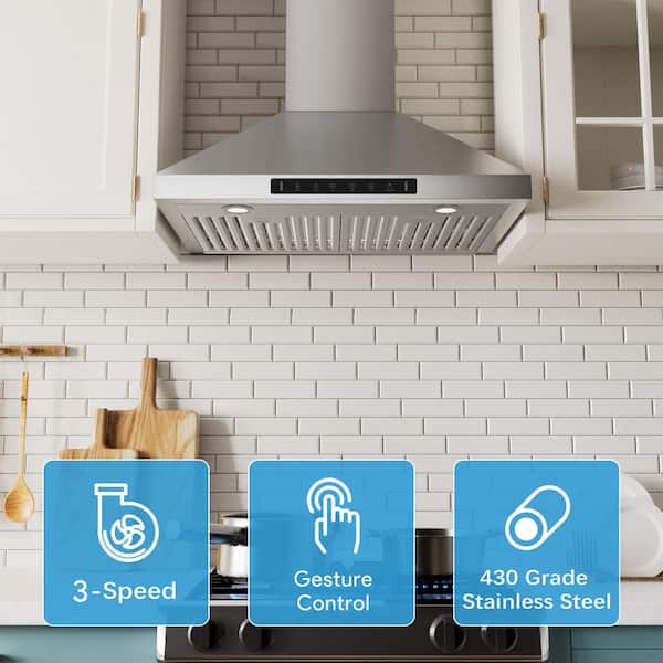 30 in. 900 CFM Convertible Wall Mount Range Hood in Stainless Steel with Charcoal Filter Gesture Control and Low Noise