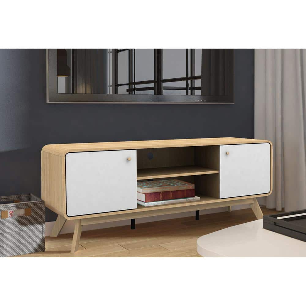 Leva Oak and White Mid-Century Modern TV Stand with Cabinet