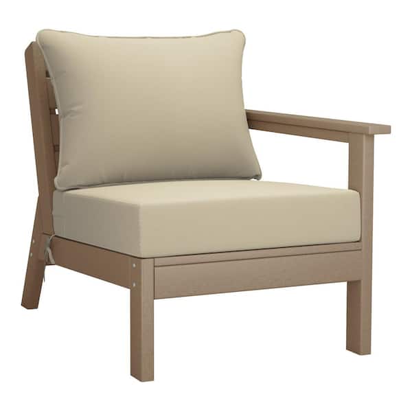Birchwood Outdoor Patio Deep Seating Right Facing Arm HDPE Lounge Chair in Weathered Wood with Beige Cushions